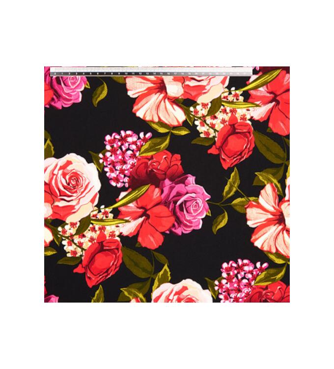 Koshibo-Crespon schwarz mit rot/fuchsia Blumen