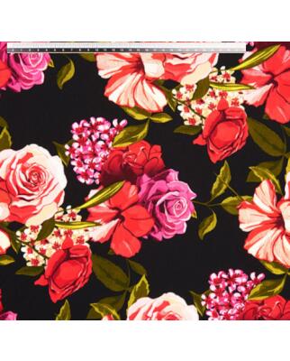 Koshibo-Crespon schwarz mit rot/fuchsia Blumen