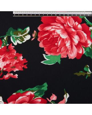Koshibo-Crespon schwarz/rote Blumen mit Blättern