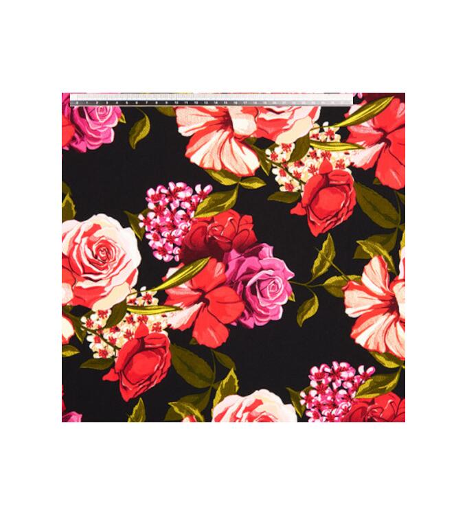 Koshibo-Crespon schwarz mit rot/fuchsia Blumen